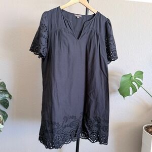 Lilla P Black Cotton Eyelet Scallop Hem Short Sleeve Shift Dress Womens Medium